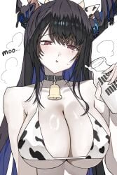 1girls bell bikini black_hair blue_hair blush breasts cleavage collar cow_bell cow_print cow_print_bikini ewn female hololive hololive_english horn long_hair milk moo nerissa_ravencroft red_eyes solo sweat text virtual_youtuber