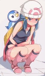 backpack bare_arms bare_shoulders black_shirt blue_eyes blue_hair blush boots breasts closed_mouth crying dawn_(pokemon) embarrassed hat long_hair miniskirt muroi_(fujisan0410) outdoors pee_on_floor peeing peeing_self pink_skirt pokemon scarf shiny_skin skirt sleeveless_shirt small_breasts squatting tears thighs urine