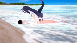 1boy 1girls beach blue_hair breasts female girl_on_top indie_virtual_youtuber koikatsu koikatsu_(medium) kraguto_games light-skinned_female light_skin long_hair male naked nipples nude nude_female orca_girl sea sex shylily video virtual_youtuber