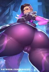 ai_generated big_ass big_breasts big_butt big_thighs blush bodysuit cameltoe dark-skinned_female dark_skin from_behind huge_ass huge_breasts huge_butt huge_thighs multicolored_hair overwatch purple_eyes sombra spread_legs wanuze wide_hips