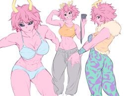 abs ass belly_button black_sclera bra breasts fit fit_female hero_outfit_(mha) holic_fz horns mina_ashido panties posing selfie sports_bra sweatpants sweaty thick_thighs thighs toned underwear yellow_eyes yellow_horns