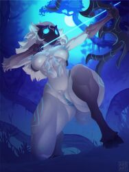 2025 5_fingers abs action_pose ansart anthro blue_background blue_eyes blue_nipples blue_vulva bovid bow_(weapon) breasts caprine digital_media_(artwork) female fingers forest fur fur_markings genitals hi_res hooves kindred_(lol) lamb_(lol) league_of_legends leg_markings low-angle_view mammal markings mask muscular muscular_female navel nipples plant pose purple_body purple_fur pussy ranged_weapon riot_games sheep simple_background small_breasts small_waist solo tail tencent thick_thighs thigh_markings tree weapon white_body white_fur