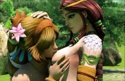 2girls 3d animated aphrodite_(smite) bite blonde_hair braids breast_grab breasts brown_hair cute earrings female female_only goddess large_breasts multiple_girls necklace nipples no_sound nu_wa_(smite) pale_skin sfmstudio smite softcore source_filmmaker sweet tagme video yuri