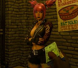 1boy 1girls alley angry angry_expression angry_face big_breasts black_clothes black_guy black_jacket black_shorts female female_focus fortnite fortnite:_battle_royale jacket_open mad mad_face male night offering offering_money offering_sex perete power_punk_(fortnite) prostitution sex_invitation shorts sweat sweatdrop sweating sweating_female wet wet_body wet_breasts wet_skin