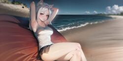 1girls ai_generated armpits arms_up beach big_breasts breasts cerberus_(helltaker) cleavage clothing crossed_legs demon demon_girl dog_ears dog_girl female female_only helltaker long_hair lying outdoors red_eyes solo tank_top white_hair