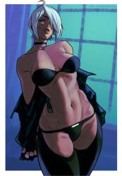 1girls ahoge angel_(kof) black_bra black_gloves bra breasts brown_lips chaps choker clothed commission female fingerless_gloves gloves hair_over_one_eye jacket king_of_fighters leather_jacket lips lowleg lowleg_panties medium_breasts navel night off_shoulder open_jacket solo strapless_bra thick_thighs toned toned_female wallace_pires white_hair