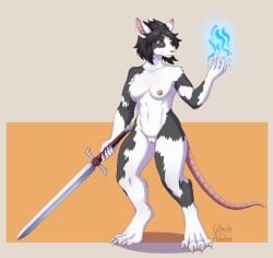 anthro areola bald_tail black_hair breasts claws female fur genitals hair hi_res magic melee_weapon navel nipples nohl_(ashencoat) nude solo sword toe_claws vulva weapon witchofavalon yellow_eyes