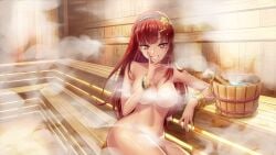1girls bangs beauty_mark big_breasts breasts bucket completely_nude completely_nude_female convenient_censoring dark-skinned_female european_female eva_tamm female game_cg gyaru headband human inescapable:_no_rules,_no_rescue long_hair mole mole_under_eye nails nude nude_female official_art pov red_hair sauna smile smoke star-shaped_pupils steam sweat symbol-shaped_pupils tagme tan_body teeth water wristband