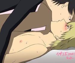 2boys 2d_animation animated blonde_hair blush durarara!! gay heiwajima_shizuo implied_sex kissing male_only multiple_boys muscle orihara_izaya sex yaoi