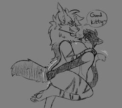 anthro ass butt_grab calico_cat domestic_cat duo face_in_breasts felid feline felis female female_on_top hand_on_butt hunter_(hhdrawer) hyena kayptid lap_dance_position larger_female male male/female mammal monochrome on_top pawpads praise shoulder_grab size_difference smaller_male smile smirking_at_partner teasing
