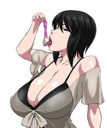 asou_misaki black_hair bra breasts cleavage condom cum cum_in_condom fatal_frame fatal_frame_4 female filled_condom large_breasts licking_condom ml short_hair solo tongue_out