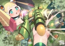 blonde_hair blue_eyes blush bug cum cum_in_pussy ejaculation empty_eyes flat_chest green_kimono gummyrise japanese_clothes kimono lying mega_man_(series) mega_man_x_(series) mega_man_x_dive nipples non-humanoid_robot official_alternate_costume on_back on_grass pallette_(mega_man) robot robot_animal robot_sex sex tears twintails vaginal_penetration young