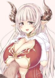 alicia_(granblue_fantasy) between_breasts breast_hold breasts cleavage cleavage_cutout earrings elbow_gloves female full_cleavage gloves granblue_fantasy highres hime_cut horns huge_breasts jewelry long_breasts long_hair male paizuri penis pink_eyes pink_hair pointy_ears sidelocks solo_focus straight underboob white_hair yotunoha