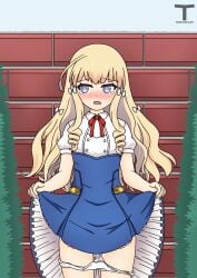azur_lane blonde_female blonde_hair blue_eyes blush blush blush_lines distant_gaze dress dress_up ecchi hair_ornaments long_hair panties panties_down queen_elizabeth_(azur_lane) showing_panties tony_x_play tonyxplay vaginal_fluids vaginal_juices wet_clothes wet_panties wet_pussy