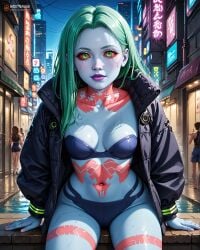 ai ai_generated aqua_hair artificial_eye black_hairband black_jacket black_strapless_bra blue_skin city colored_sclera colored_skin createdwithai cyberpunk cyberpunk:_edgerunners cyberpunk_interior cyberpunk_setting cyberpunk_world cyborg digital_2d fan_art female female girl green_eyes green_hair grey_skin leg_tattoo lights long_hair mechanical_eye neck_tattoo neon night_city nostra666 parted_bangs patreon purple_lips rebecca_(edgerunners) red_pupils red_sclera stable_diffusion stomach_tattoo straight_hair tattoo underwear