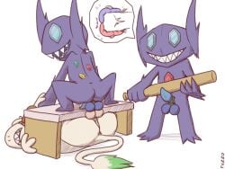 2024 anthro anus ass backsack ball_stretching ballbusting balls balls_touching baseball_bat bat_(object) blue_balls blue_insides blue_penis bondage bound bound_together clenched_teeth cock_and_ball_torture crouching dipstick_tail fuzzo gem gem_eyes generation_2_pokemon generation_3_pokemon genital_torture genitals group hi_res male male/male markings masochism nintendo penis penis_bondage pokemon pokemon_(species) presenting_balls purple_body sableye sharp_teeth simple_background smeargle smile tail tail_markings tan_body teeth tied_balls trio white_background y_anus