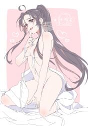 absurdres ahoge bed_sheet black_eyes black_hair blush breasts completely_nude convenient_censoring dated doodle_inset female finger_to_mouth genderswap_(mtf) heart highres holding holding_ribbon kimako_(kimako_8) kneeling long_hair looking_at_viewer medium_breasts modao_zushi naked_sheet navel nipples nude on_bed open_mouth pink_background ponytail ribbon rule_63 sidelocks smile solo twitter_username very_long_hair watermark wei_wuxian white_ribbon