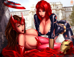 2girls all_fours avengers bare_shoulders black_widow_(marvel) blue_eyes bodysuit breasts brown_hair captain_america's_shield cleavage elbow_gloves female female_only gloves green_eyes hair headgear helmet human human_only large_breasts light-skinned_female light_skin lips lipstick long_hair makeup marvel marvel_comics multiple_girls natasha_romanoff pantyhose red_hair red_lips red_lipstick scarlet_witch shield svoidist torn_clothes wanda_maximoff x-men