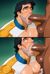 ai_generated bara biceps big_black_cock blowjob clothing cum cum_in_mouth cum_inside cum_on_face deepthroat disney gaymanda male_only muscular prince_eric sucking_penis sweatdrop sweaty_balls the_little_mermaid tongue_out