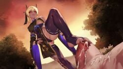 animated blonde_hair clothed demon_girl footjob half-demon_shinobi loop looping_animation nature painted_toenails the_demon_of_wrath_(half-demon_shinobi) thigh_highs thighhighs toes