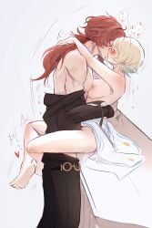 blonde_hair breasts couple diluc_(genshin_impact) female genshin_impact hoyoverse loving_couple lumine_(genshin_impact) male red_eyes red_hair video_game video_game_character video_games