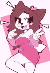 anthro big_ass brown_hair clothing furry_ears furry_female mandoy1o1 original_character piercing pink_eyes short_dress sleeves smiling tail white_body