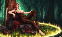 1girls 2015 areolae barefoot blue_eyes breasts brown_hair erect_nipples feet female female_only forest human large_breasts long_hair nipples personalami sharlah sitting solo sword topless weapon world_of_warcraft