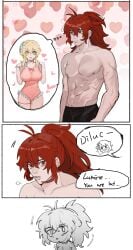 blonde_hair couple diluc_(genshin_impact) female genshin_impact hoyoverse loving_couple lumine_(genshin_impact) male red_eyes red_hair video_game video_game_character video_games
