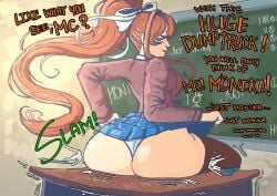 ass atrain830 big_ass big_butt blue_skirt butt chalkboard chalkboard_writing doki_doki_literature_club english_text female female_focus just_monika lifting_own_skirt lifting_skirt monika_(doki_doki_literature_club) motion_lines panties skirt text white_panties