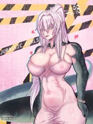 big_breasts dinosaur_girl dress jurassic_park monster_girl nipple_bulge nipples_visible_through_clothing stm_kll tagme white_hair