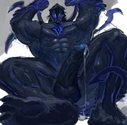 abs anmei_ftnn balls blue_body bodily_fluids digital_drawing_(artwork) digital_media_(artwork) erection genital_fluids genitals glans hi_res humanoid humanoid_genitalia humanoid_penis male muscular muscular_male penis precum solo solo_male