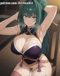 1girls ai_generated akari_acura armpits artifical_art blue_eyes blush clitoris cum cum_in_pussy cum_on_armpits cum_on_body cum_on_breasts green_hair hands_behind_head hitsugi_no_chaika light-skinned_female light_skin long_hair perfect_body ponytail pussy pussy_hair solo tied_hair