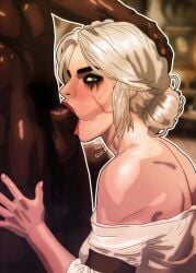 1boy 1girls :>= athletic_female bare_shoulders bedroom blowjob blurred_background blush ciri clothed_female_nude_male cum_in_mouth cum_in_throat dark-skinned_male dark_skinned_male deepthroat drinking_cum eyeshadow face_scar female flushed_face gingiensfw green_eyes gulp_(sound_effect) hairy_male hand_on_head hand_on_thigh interracial interracial_sex kneeling large_balls large_penis looking_at_viewer male oral oral_sex partial_male ruined_makeup steamy straight the_witcher_(series) the_witcher_3:_wild_hunt white_hair
