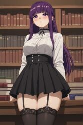 1girls ai_generated black_skirt blush choker fern_(sousou_no_frieren) fringe fully_clothed garter_straps goth goth_girl gothic large_breasts library looking_at_viewer portrait purple_eyes purple_hair solo sousou_no_frieren stable_diffusion thighhighs white_blouse