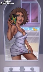 1girls 2025 2d 2d_(artwork) brown_hair brown_hair curly_hair dark-skinned_female dark_skin digital_drawing_(artwork) digital_media_(artwork) dress female female_focus female_only joakadraws mirror mirror_selfie phone pose posing presenting rhonda_(summertime_saga) selfie showing_off summertime_saga teenage_girl teenager watermark