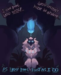 absurd_res anthro areola balls biped blue_areola blue_nipples blue_penis bovid canid canine canis caprine dialogue duo ellipsis erection female fur genitals hi_res kindred lamb_(league_of_legends) league_of_legends low-angle_view male mammal mask mask_only mostly_nude nipples nixie01 nude penis riot_games sheep sitting tencent text white_body white_fur wolf wolf_(league_of_legends)