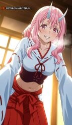 blush breasts breath collarbone female from_below grin hair_between_eyes hakama hakama_skirt heavy_breathing horns indoors japanese_clothes kimono leaning_forward long_hair long_sleeves looking_at_viewer medium_breasts meitabuu midriff miko navel oni parted_lips patreon_logo patreon_username pink_eyes pink_hair red_hakama ribbon-trimmed_sleeves ribbon_trim shuna_(tensei_shitara_slime_datta_ken) skirt smile solo sweat teeth tensei_shitara_slime_datta_ken that_time_i_got_reincarnated_as_a_slime web_address white_horns white_kimono wide_sleeves