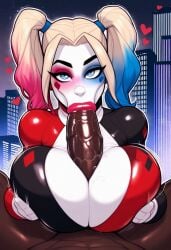 1boy 1girls :>= ai_generated big_breasts big_penis bimbo bimbo_lips blowjob blowjob_face breasts city civitai dark-skinned_male dc dc_comics dyed_hair eye_contact fellatio female fully_clothed harley_quinn hearts_around_head huge_breasts interracial male/female motion_lines multicolored_hair night outdoors paizufella paizuri paizuri_on_lap penis pov tagme totallynotafurry789 twintails villainess