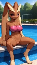 1girls 2025 ai_generated anthro black_sclera bottomless bottomless_female brown_fur cleavage digitigrade female female_only generation_4_pokemon hi_res innie_pussy lopunny nintendo nipple_bulge outdoors pink_eyes pokemon pokemon_(species) pool pussy rabbit smile spread_legs tubetop wet wet_body