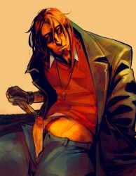 1boy body_hair cross_necklace dilf ginger ginger_hair goatee knife knife_play long_hair looking_at_viewer male pants_down pierced_genitals pierced_penis postal_(series) postal_dude red_hair solo_male sunglasses trenchcoat
