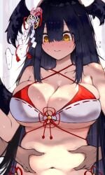 ... bombergirl curvy embarrassed flying_sweatdrops full-face_blush grabbing_belly groping karasuba_hiiro kyuu_(plastic_night_q) large_breasts looking_down male_hand official_alternate_costume plump swimsuit voluptuous