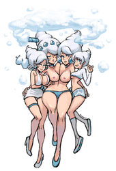 2011 4girls asymmetrical_docking bare_arms bare_shoulders bikini_bottom_only breasts choker closed_eyes conjoined conjoined_twins curvaceous curvy facing_viewer female_only flats full_body gijinka humanized looking_at_viewer mariel_cartwright medium_breasts microdress microskirt multiple_girls narrow_waist nintendo no_bra no_socks pantyshot pokemon pokemon_bw pumps simple_background skinny small_breasts small_nipples smile socks standing thigh_gap thigh_strap topless topless_female underboob vanillish vanillite vanilluxe voluptuous white_background