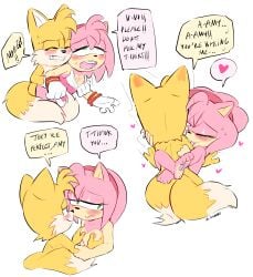amy_rose bite bite_mark blush breasts feet female furry gloves green_eyes hairband legs_wrapped_around_partner male muttgirl pink_body pulling_clothing saliva sega sex shirt small_breasts sonic_(series) tails_the_fox