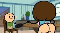 ass_out back_view bandaid_on_penis black_eyes black_limbs blue_shirt blue_wall brown_hair cabinet cooking_pan cyanide_and_happiness decoration edit edited_official_artwork exposed_ass fat_butt floor frowning_at_partner green_shirt holding_object house housewife japansadface kitchen outlet sitting_on_chair stairs table tagme window
