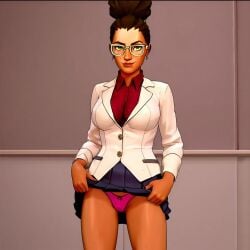 1girls ai_generated arcane breasts brown_hair brown_skin clothed_female clothing collared_shirt female female_focus female_only flashing flashing_at_viewer formal glasses indoors league_of_legends legs lifted_clothing lifted_skirt lifting_own_clothes lifting_skirt looking_at_viewer panties presenting presenting_panties red_shirt short_hair skirt skirt_lift skirt_lifted skirt_lifted_by_self skirt_up sky_young solo solo_female solo_focus standing suit sweeetaspie thighs