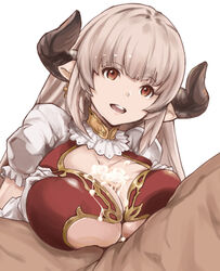 alicia_(granblue_fantasy) breast_hold breasts brown_eyes cleavage female granblue_fantasy horns huge_breasts large_breasts long_hair open_mouth pointy_ears silver_hair smile tagme tokoroten