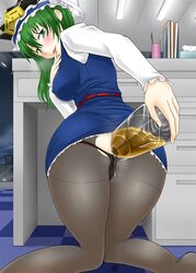 anal anal_object_insertion ass asymmetrical_hair blue_dress dress eiki_shiki enema green_eyes green_hair long_sleeves looking_at_viewer looking_back_at_viewer object_insertion pantyhose peeing short_dress shown standing_pee torn_clothes torn_pantyhose touhou urinating_female urine urine_in_container