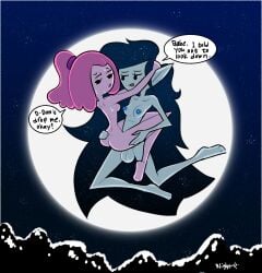 1futa 1girls adventure_time arms_around_partner black_hair blightstar canon_couple dialogue english_text female flying food_humanoid futa_on_female futanari grey_body intersex legs_around_partner looking_down marceline mob_face moon moon_background night_sky pink_body pink_hair pointy_ears princess_bubblegum speech_bubble tagme vampire