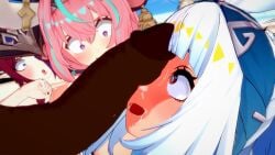 black_cock blue_eyes blue_hair blush chasca_(genshin_impact) cow_ears cow_girl cow_horns cow_tail cowbell dark-skinned_male elf elf_ears elf_female elf_girl genshin_impact huge_ass huge_breasts huge_cock koikatsu mualani_(genshin_impact) pink_eyes pink_hair pink_nipples surprised_expression varesa_(genshin_impact)