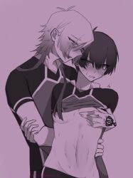 2boys blue_lock blush blush_lines german_male isagi_yoichi japanese_male michael_kaiser shinashina tattoo tattooed_arm touching_nipples yaoi